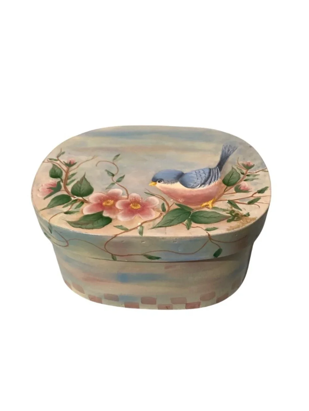Hand Painted Oval Wooden Shaker Style Box With Bluebird & Floral Design